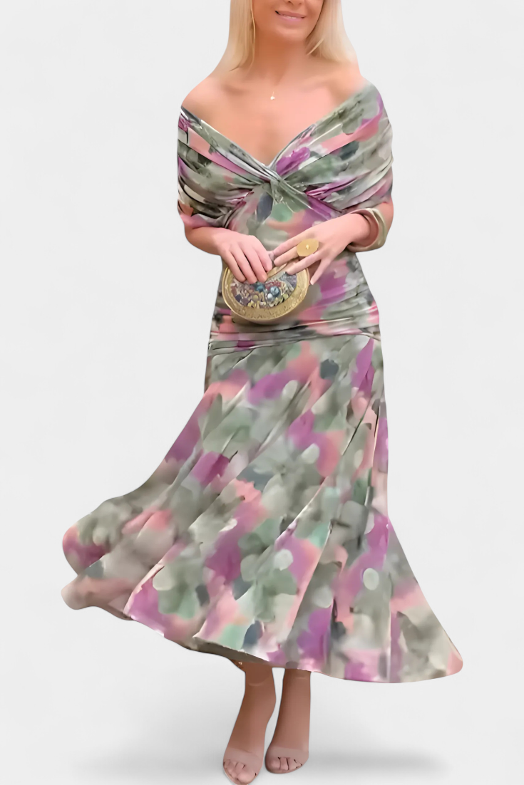 Magda | Longue robe fleurie à col en V et taille plissée