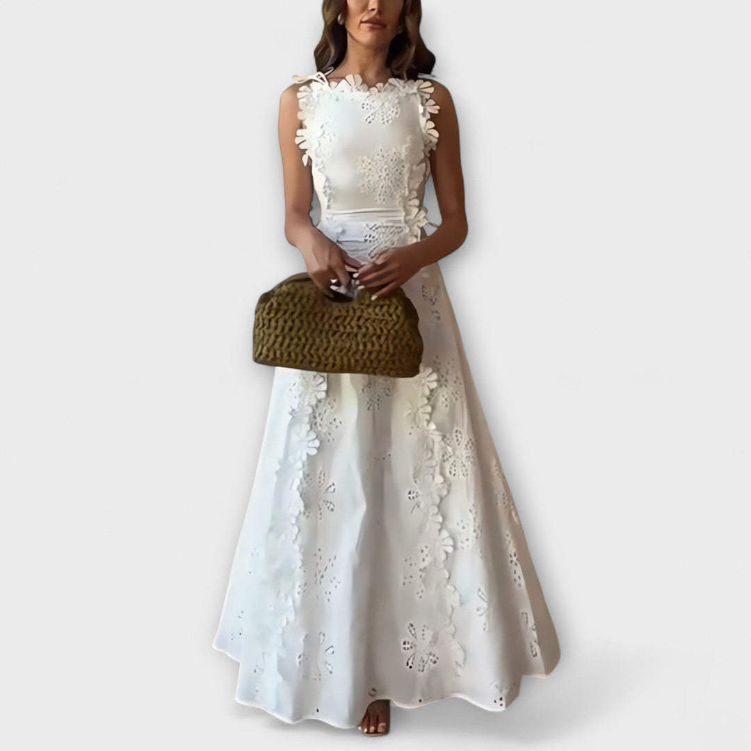 Éliora – Robe maxi à motif de fleurs en dentelle et liens à nouer