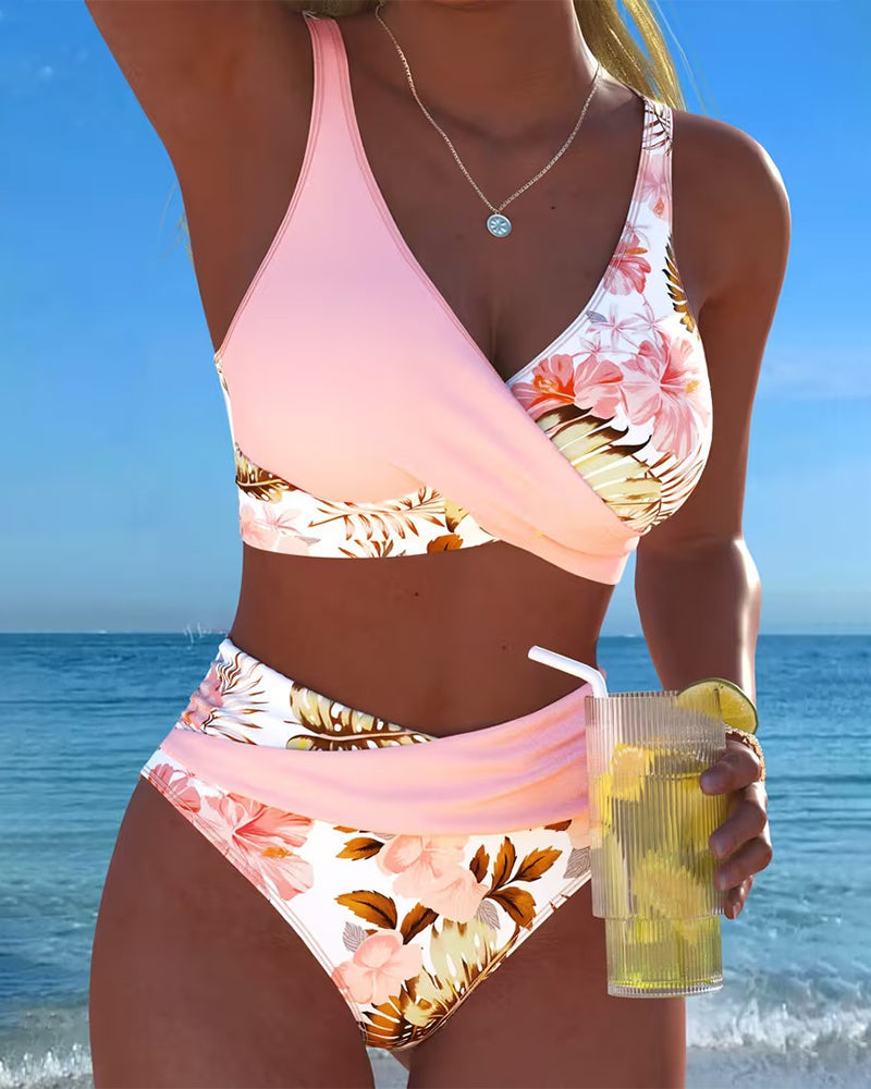 Bikini à motif floral contrastant et fente