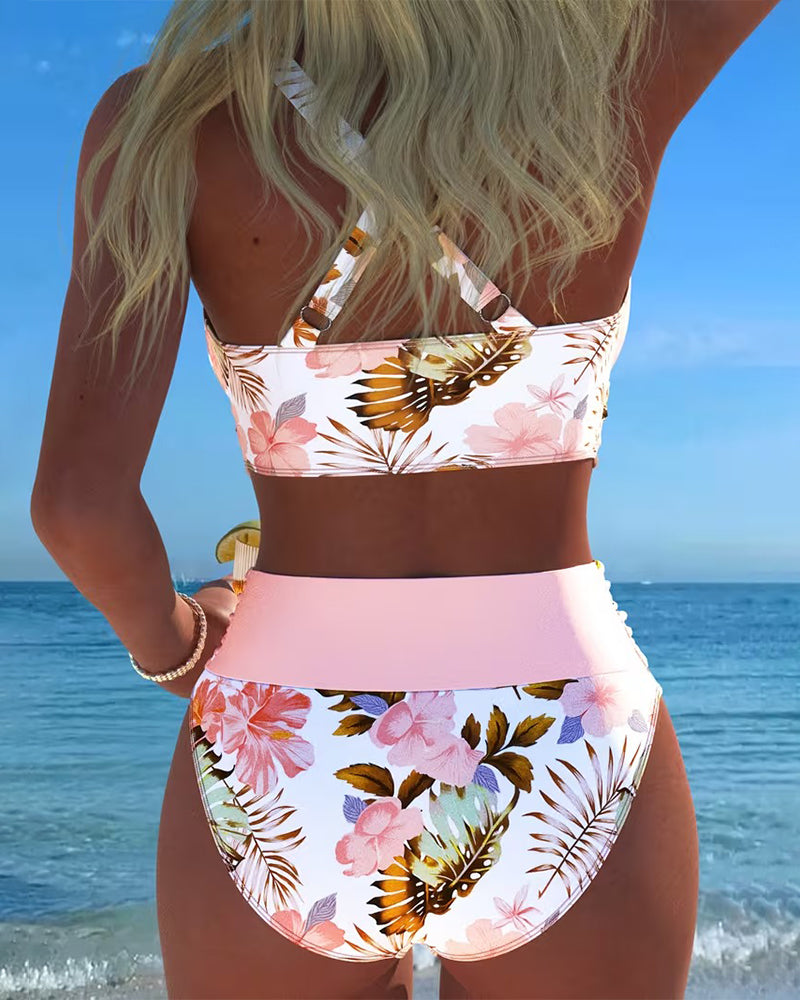 Bikini à motif floral contrastant et fente