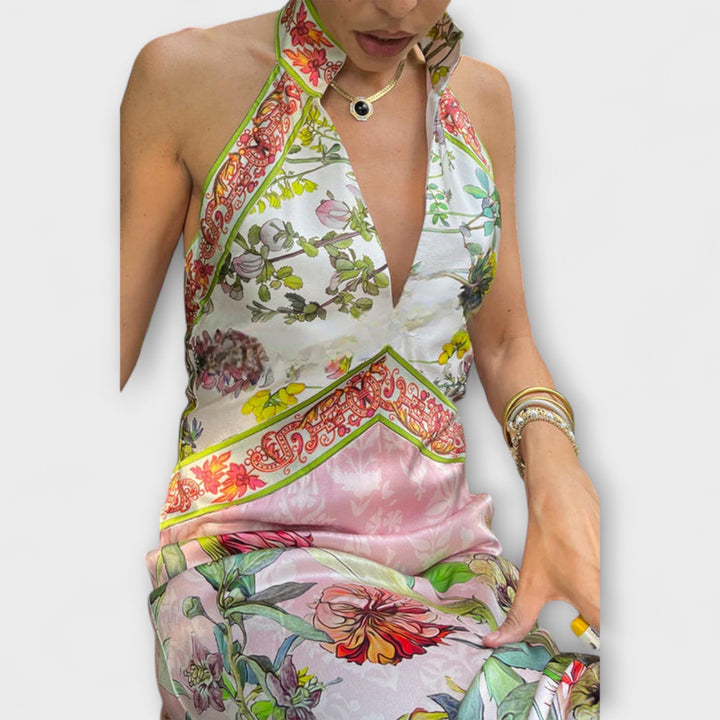 Ayla - Robe maxi fleurie sans manches à dos ouvert
