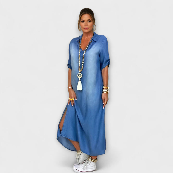 Lea | Robe longue effet jean à fente latérale