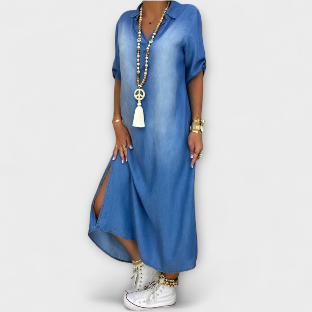 Lea | Robe longue effet jean à fente latérale