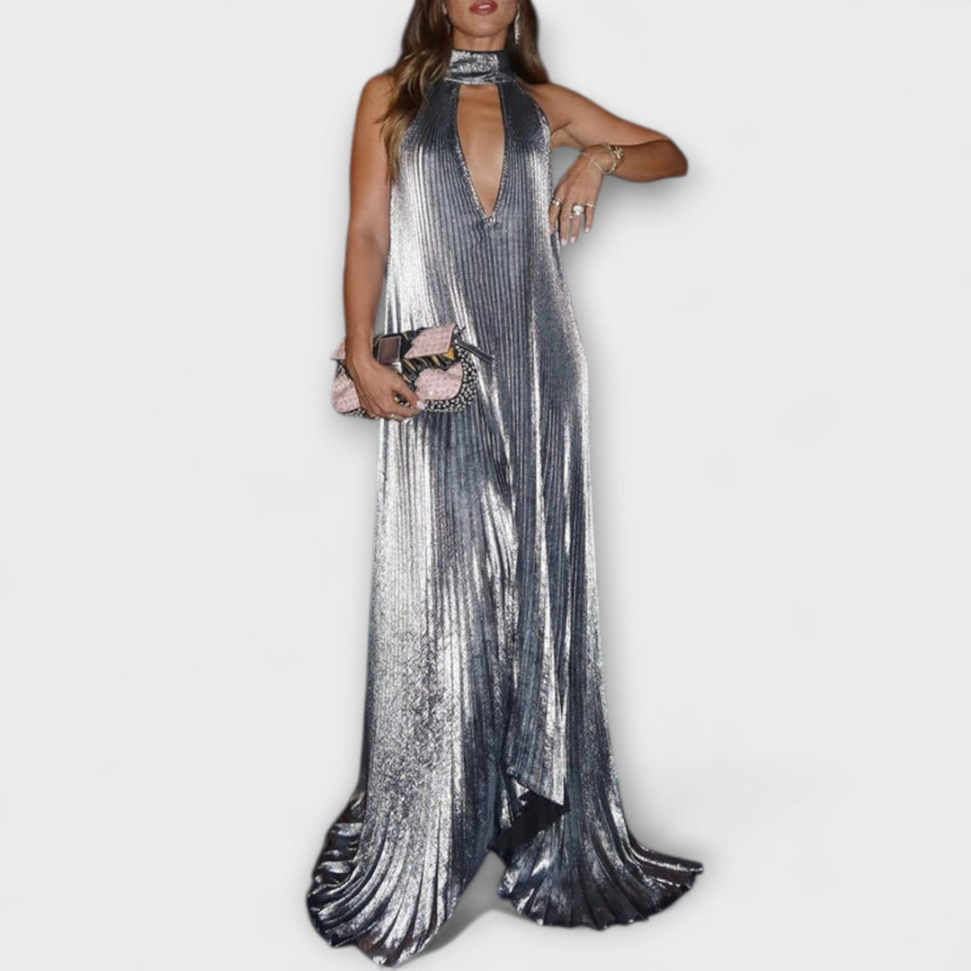 Calliope - Robe longue trapèze plissée métallisée