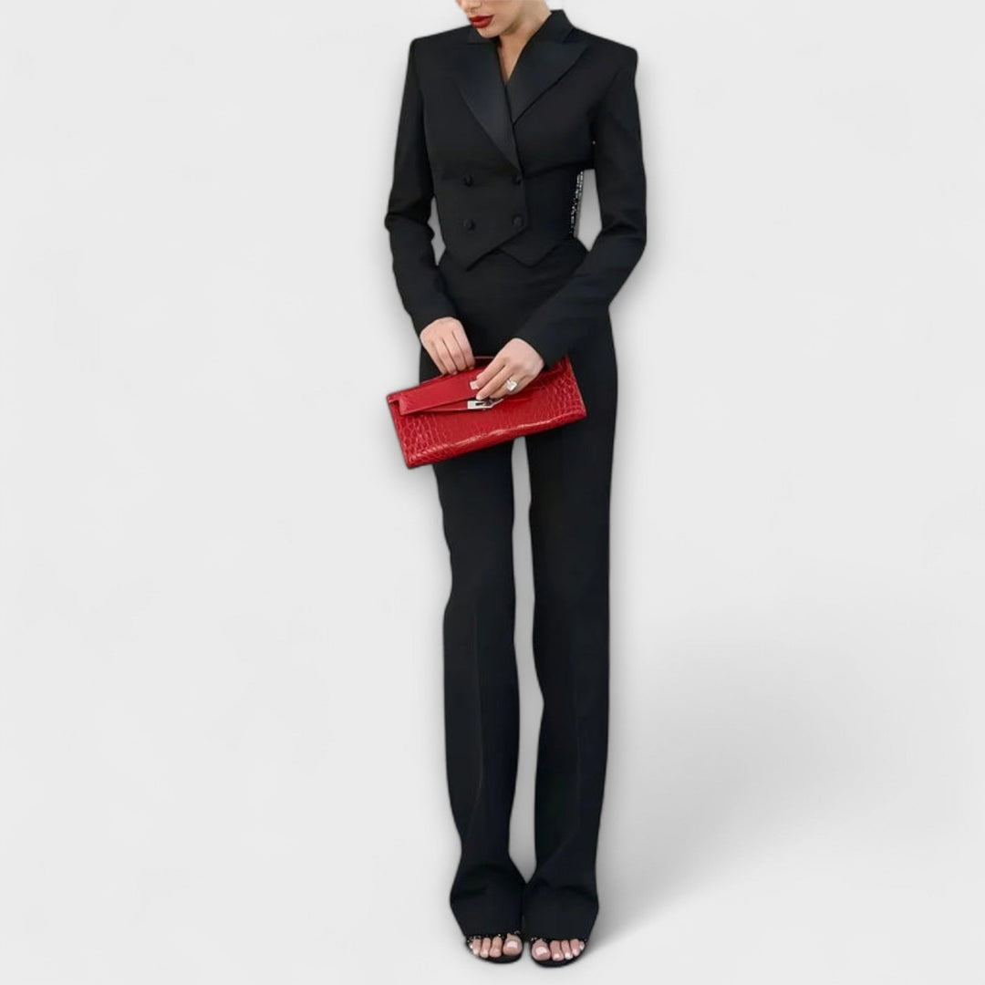 Noa - Ensemble blazer court noir dos nu orné de perles