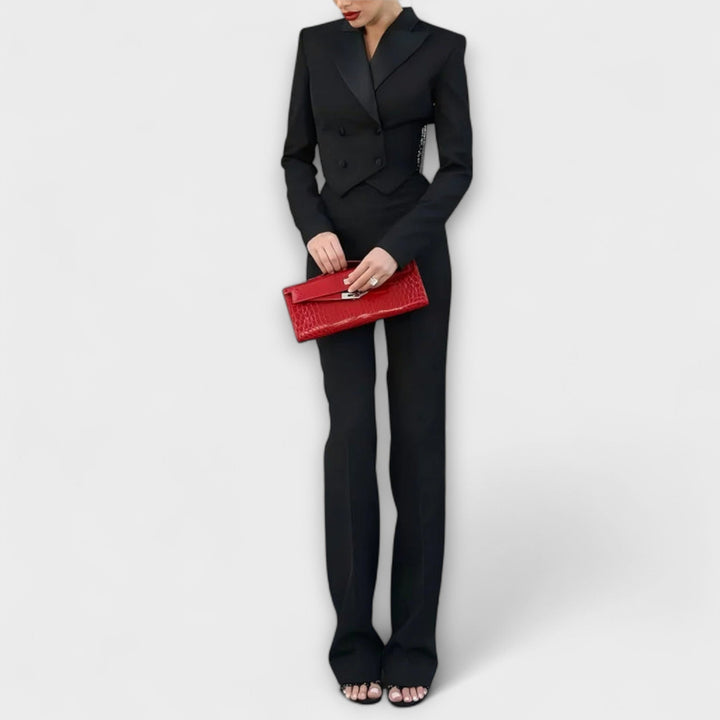 Noa - Ensemble blazer court noir dos nu orné de perles