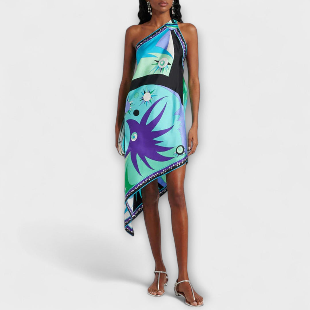 Esme - Robe midi en satin à imprimé unique et ourlet asymétrique