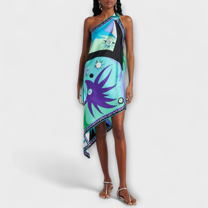 Esme - Robe midi en satin à imprimé unique et ourlet asymétrique