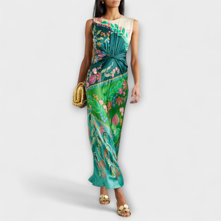 Aisling - Élégante robe maxi fleurie drapée et torsadée