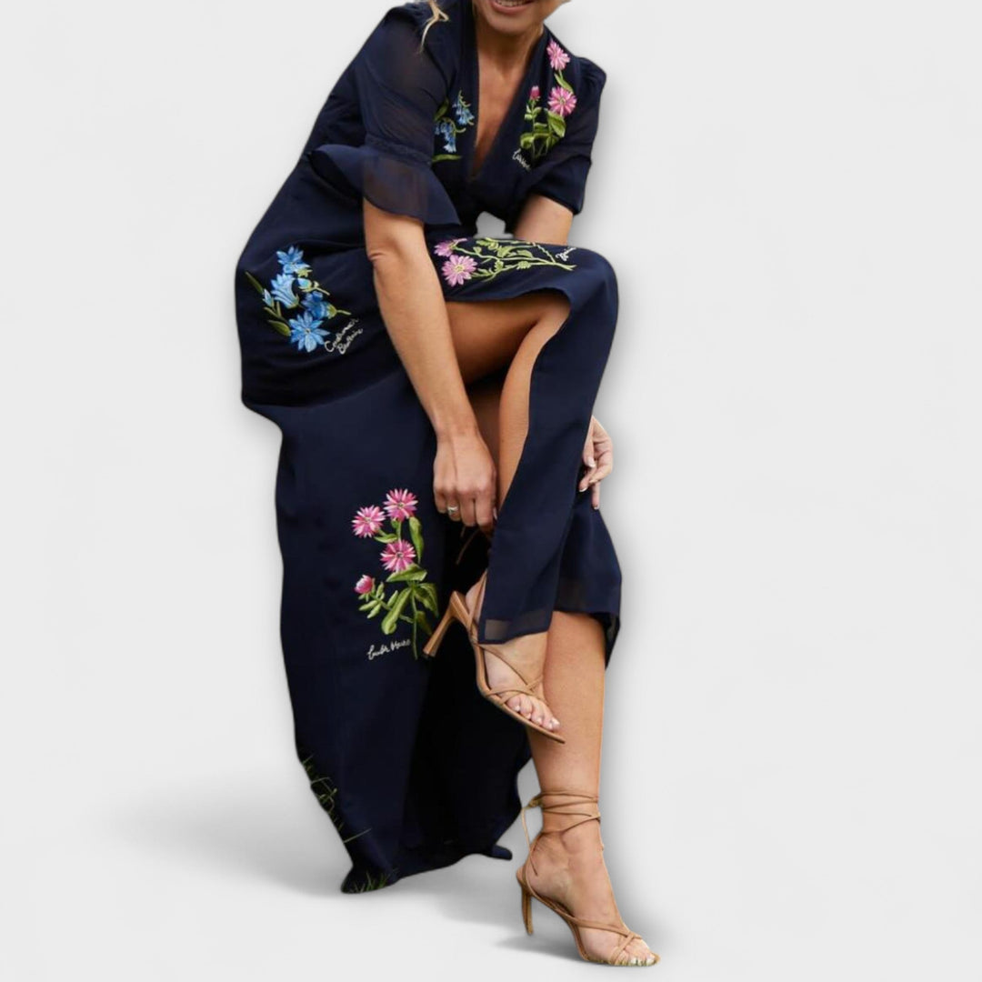 Beatrice - Élégante robe bleu marine à broderie florale