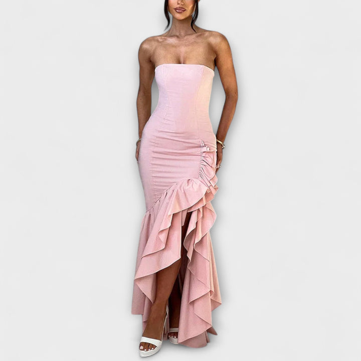 Zuri | Robe maxi cintrée épaules dénudées à ourlet asymétrique