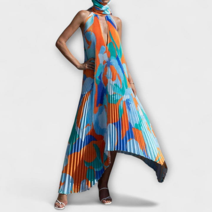 Vida - Chic robe midi plissée dos nu à col licou et bretelles