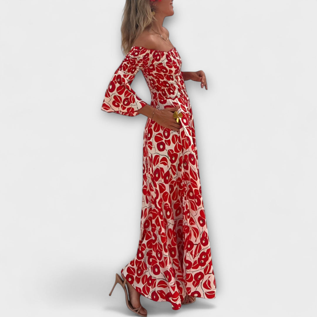 Bella - Robe épaules dénudées aux fleurs marines