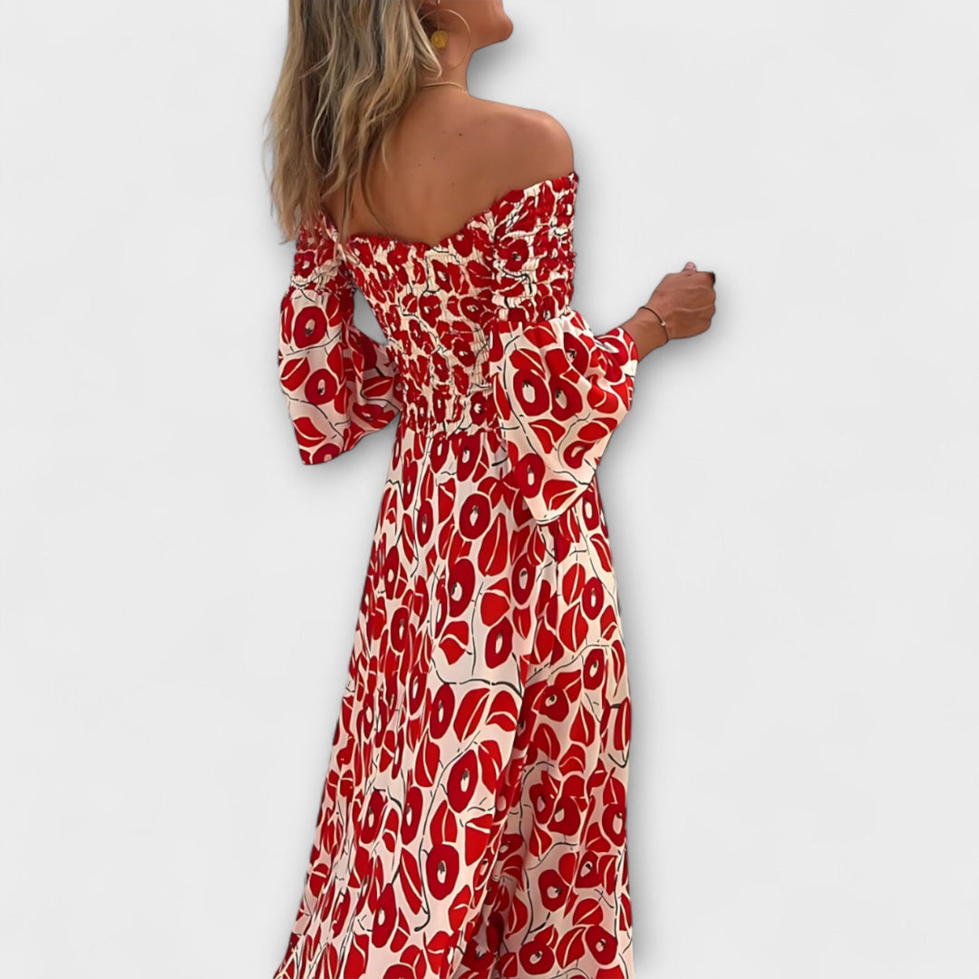 Bella - Robe épaules dénudées aux fleurs marines