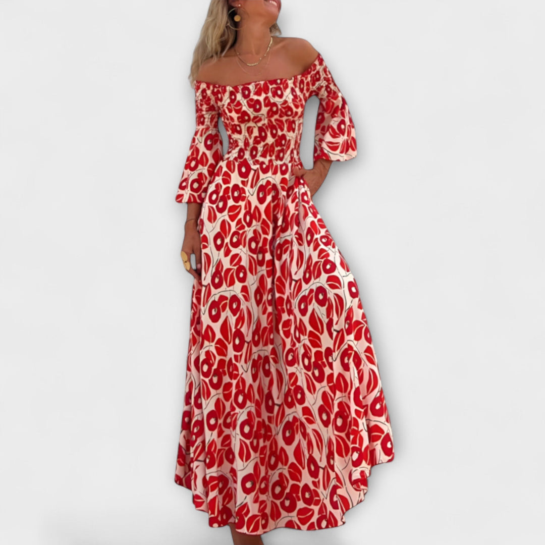 Bella - Robe épaules dénudées aux fleurs marines