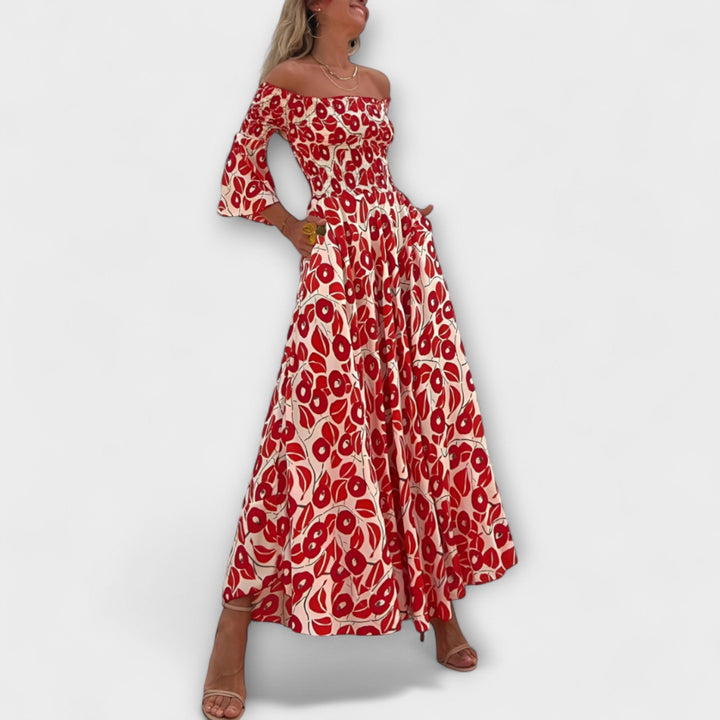 Bella - Robe épaules dénudées aux fleurs marines