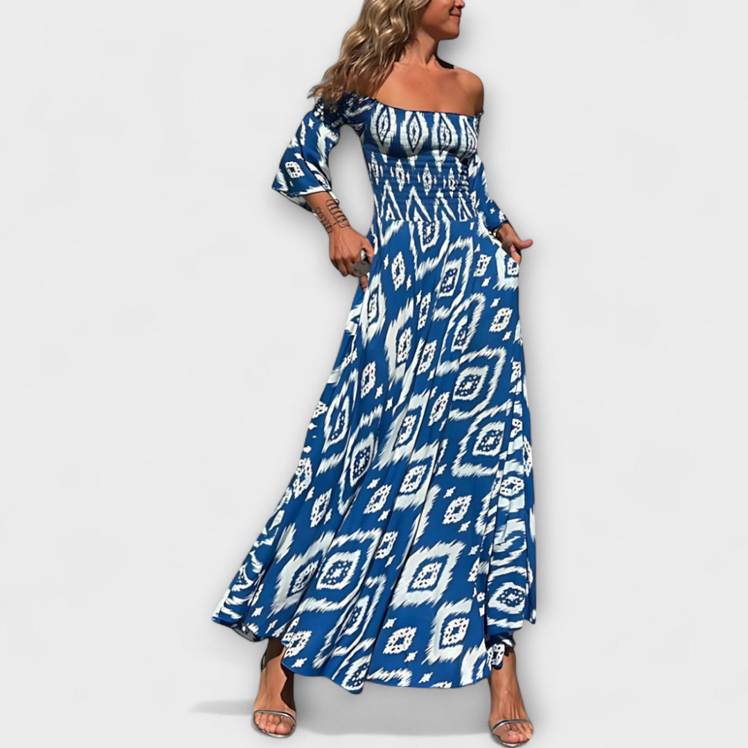 Bella - Robe épaules dénudées aux fleurs marines