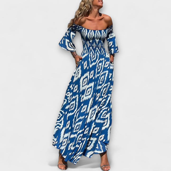 Bella - Robe épaules dénudées aux fleurs marines