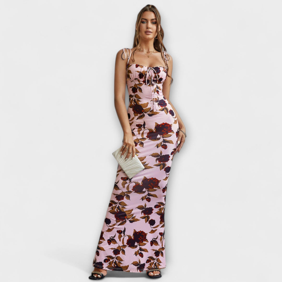 Thalia - Robe de bal à imprimé floral avec bretelles nouées aux épaules