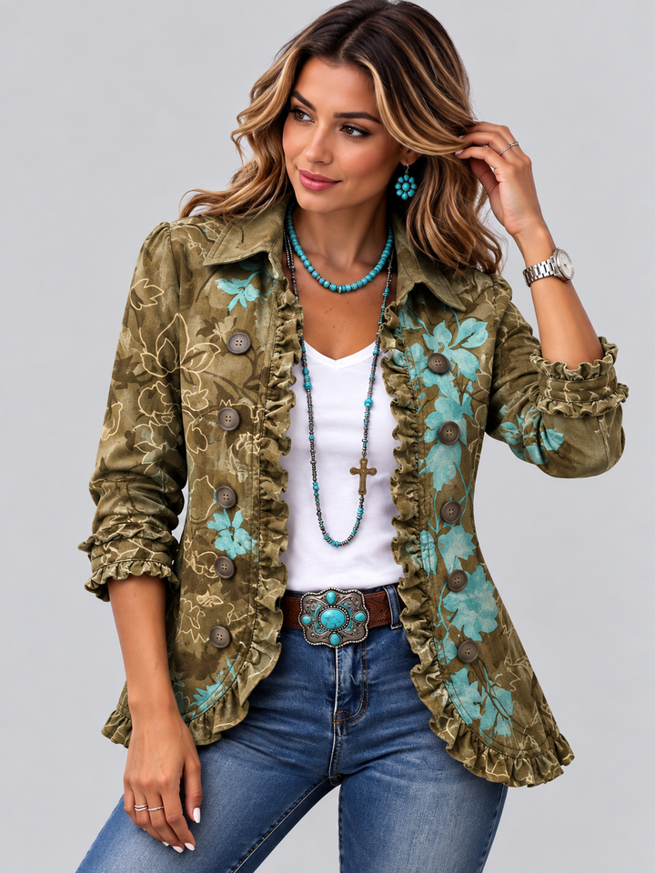 SUNDARA | VESTE BOHO FLORALE VINTAGE DÉGRADÉE À VOLANTS