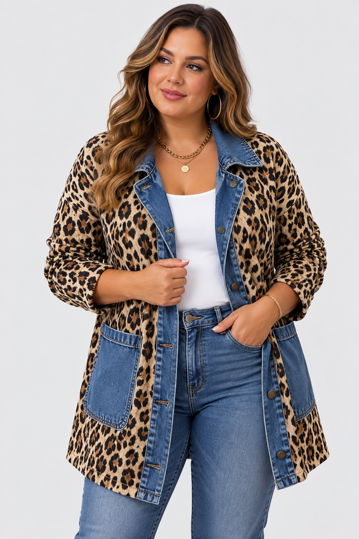 FABLENNE | VESTE LONGUE LÉOPARD ET DENIM EN CONTRASTE
