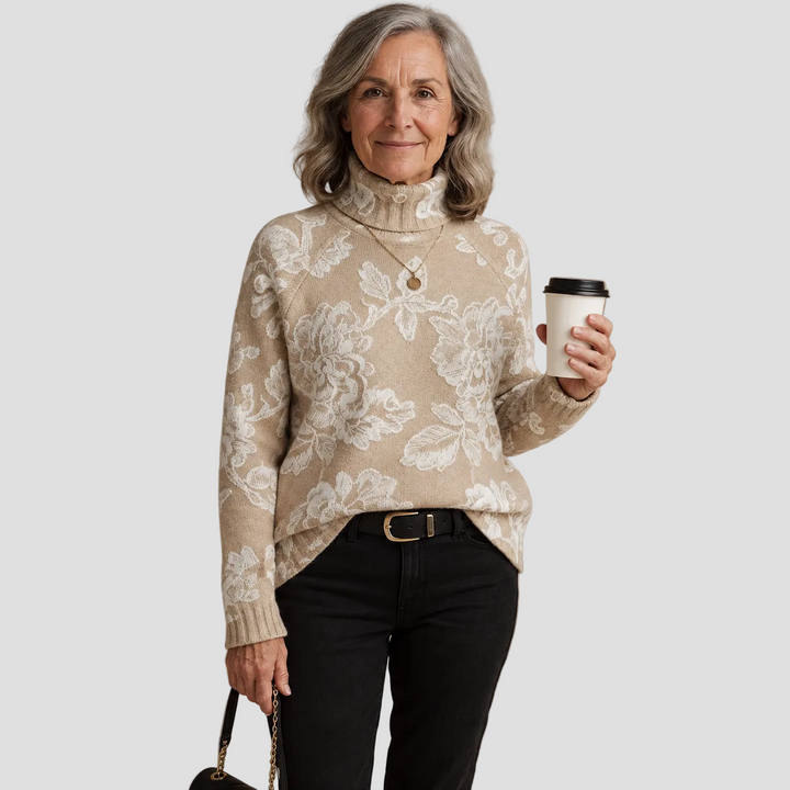 BELLA | PULL COL ROULÉ TRICOTÉ FLEURI VINTAGE