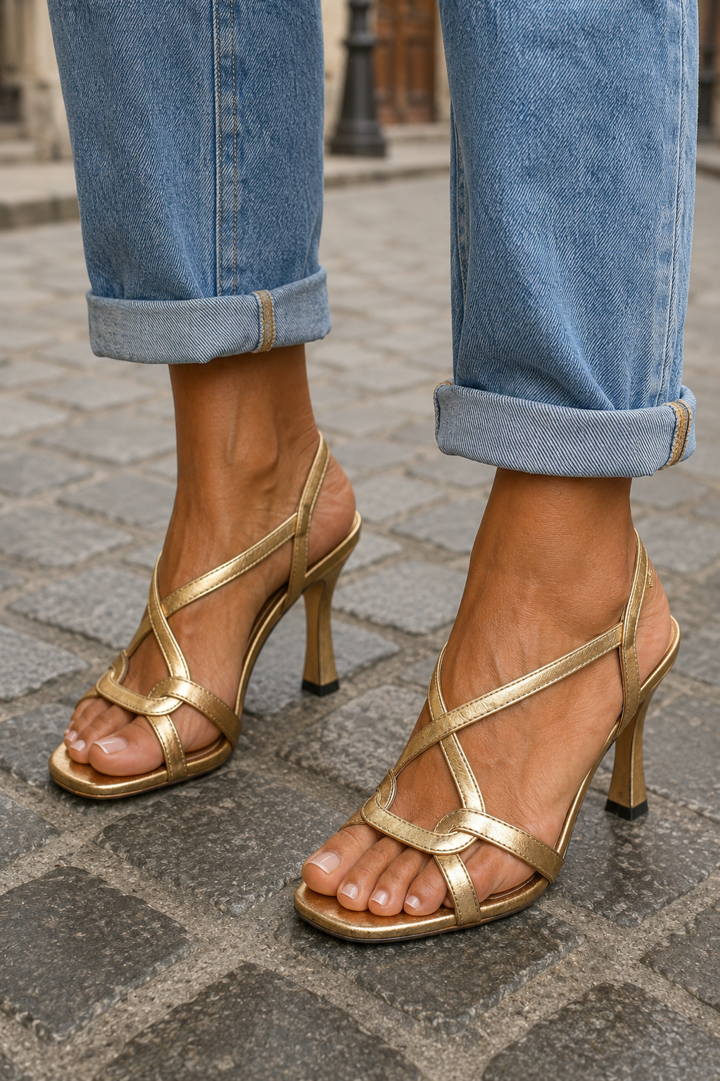 Noemi | Sandales dorées à talons et brides croisées