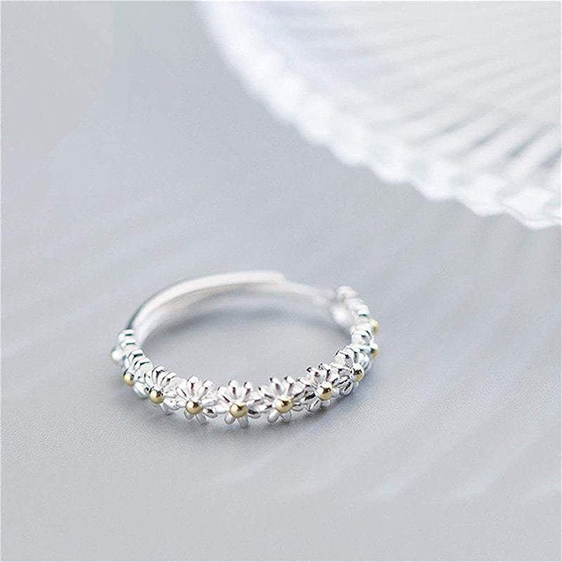 Bague réglable en argent et émail peint à la main avec marguerite