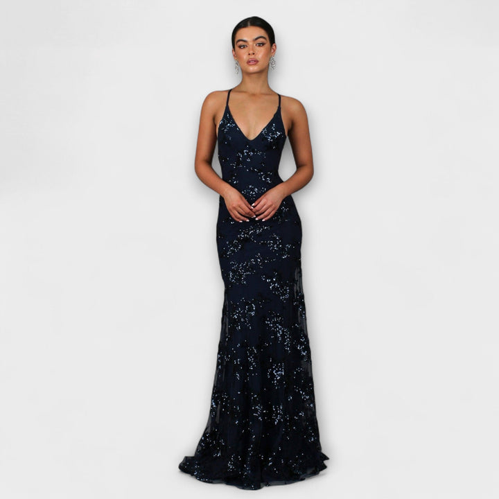 Zayla | Robe maxi dos nu à col en V pailleté