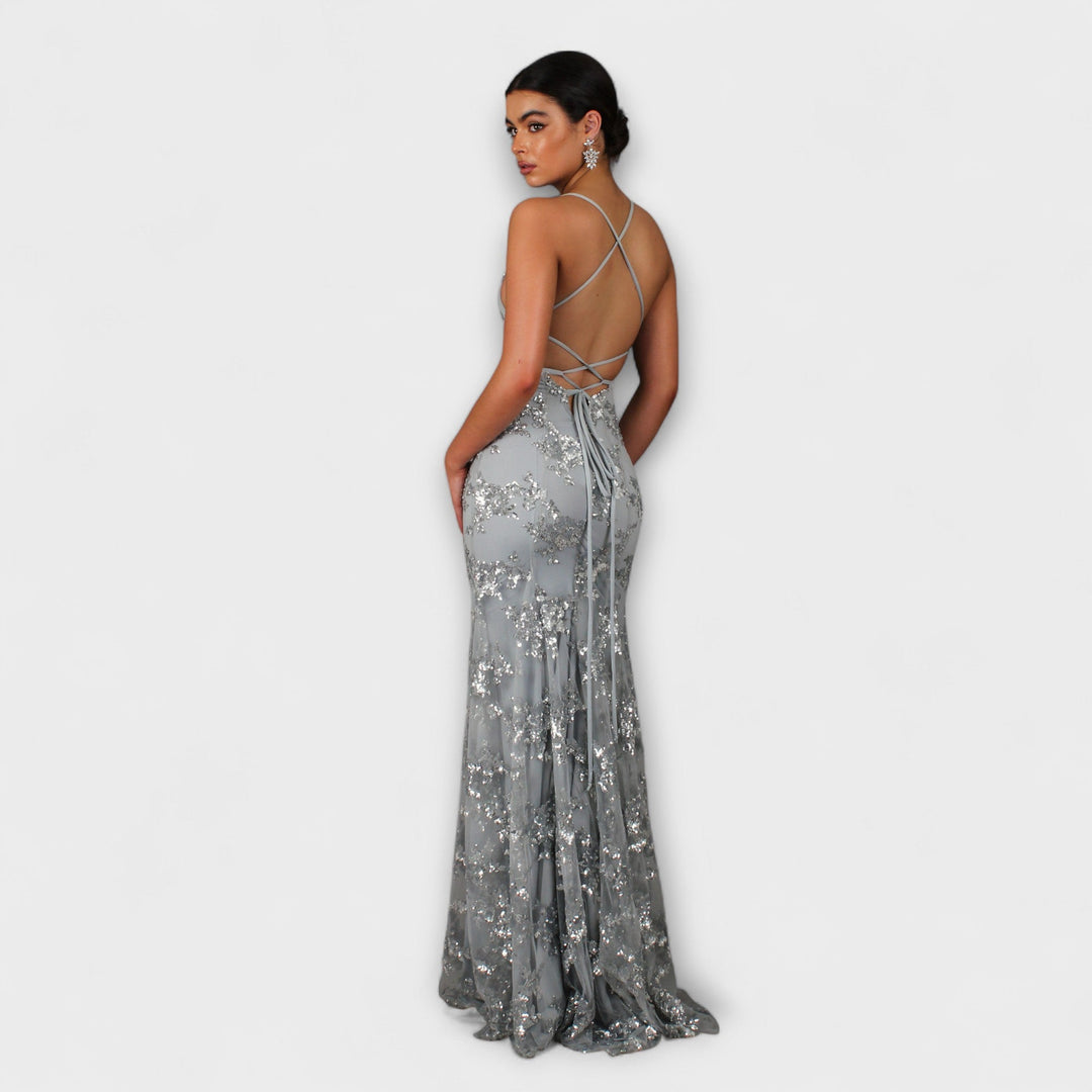 Zayla | Robe maxi dos nu à col en V pailleté