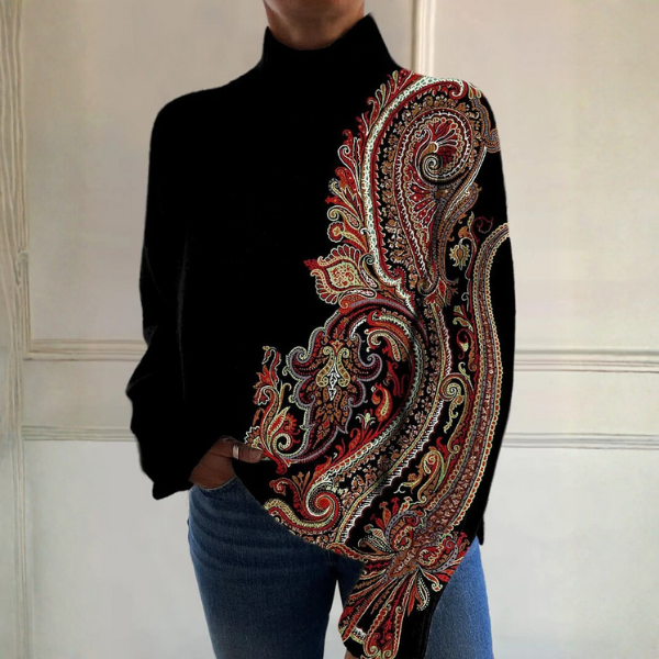 Grace - Pull à col roulé noir à motif cachemire rouge