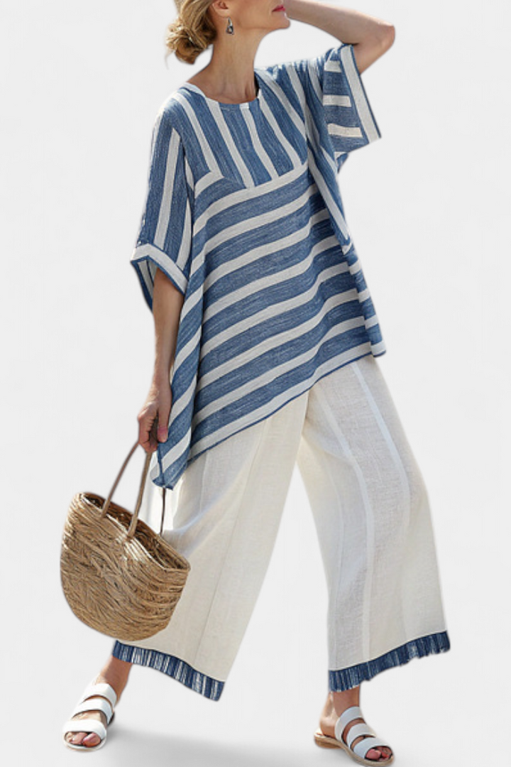 Céline | Ensemble en lin à rayures bleues et blanches