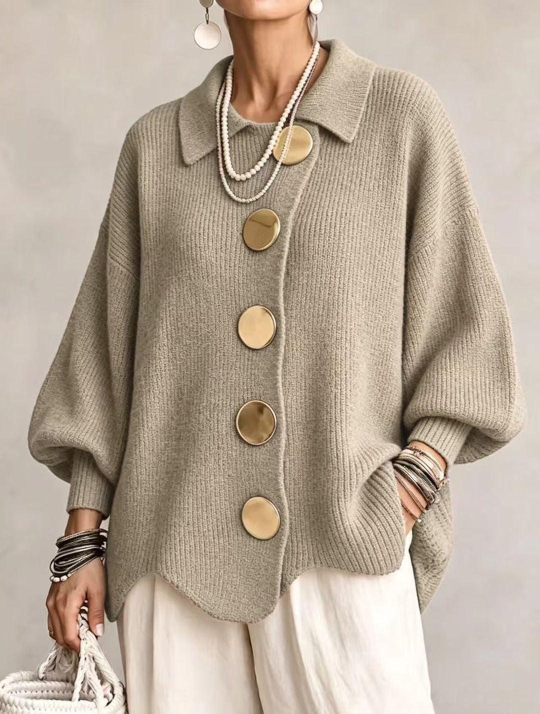 CARDIGAN FEMME OVERSIZE À COL BOUTONNÉ EN MAILLE CÔTELÉE