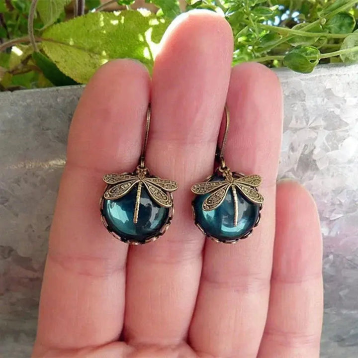 Boucles d'oreilles libellules sphériques en or antique