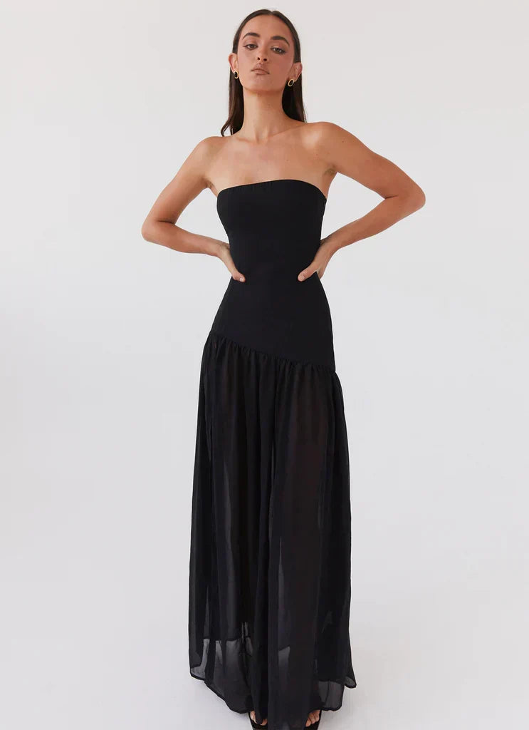 Alexandra | Robe maxi épaules dénudées à couture asymétrique