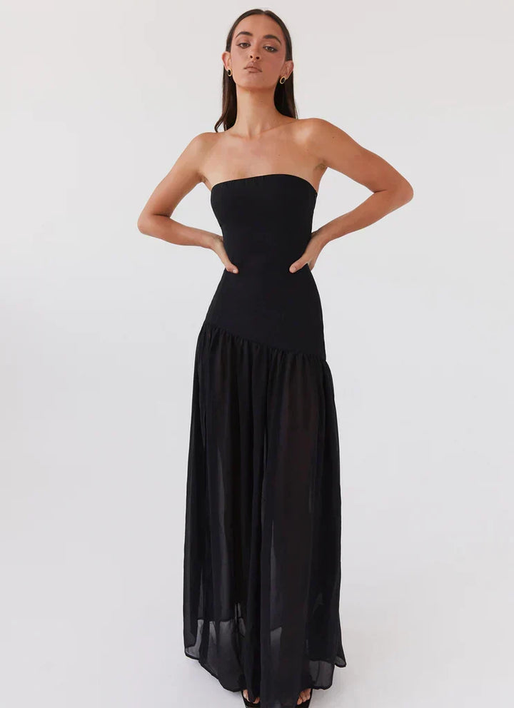 Alexandra | Robe maxi épaules dénudées à couture asymétrique