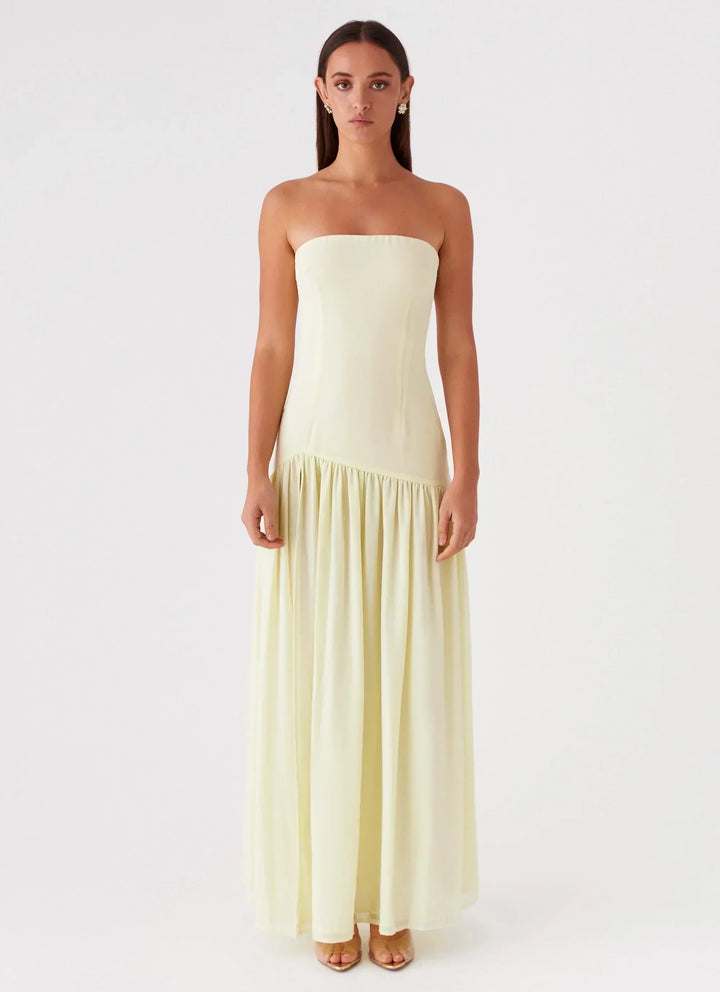 Alexandra | Robe maxi épaules dénudées à couture asymétrique