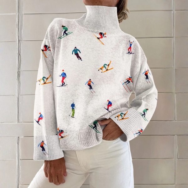 Ava - Pull à col roulé clair à motifs de skieurs