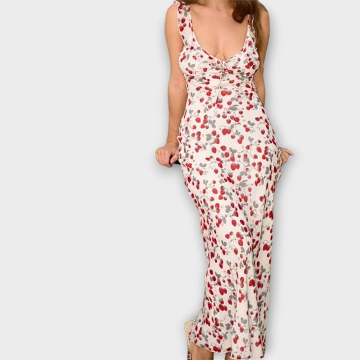 Robe maxi plongeante à imprimé floral cryptographique