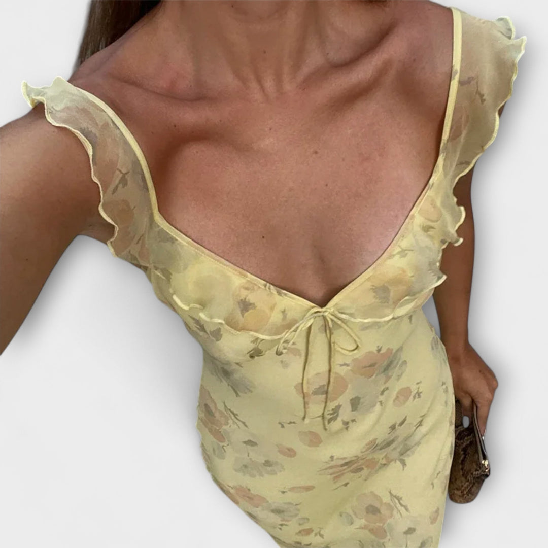 Robe maxi plongeante à imprimé floral cryptographique