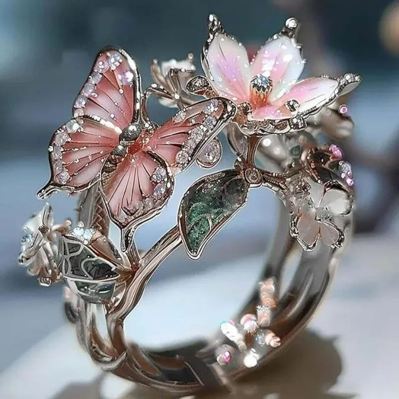 Bague papillon naturelle scintillante avec zircons