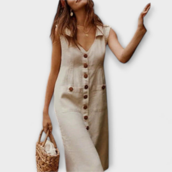 Nora – Robe trapèze en coton et lin à col rabattu