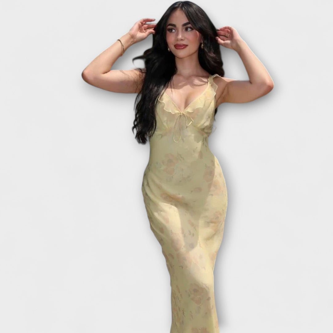 Robe maxi plongeante à imprimé floral cryptographique