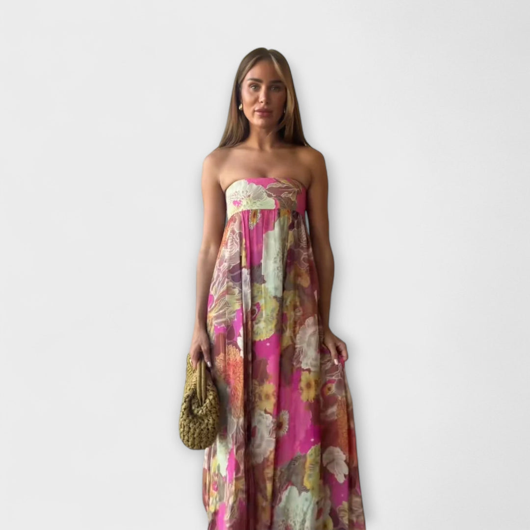 Robe longue rétro chic bustier et plissée