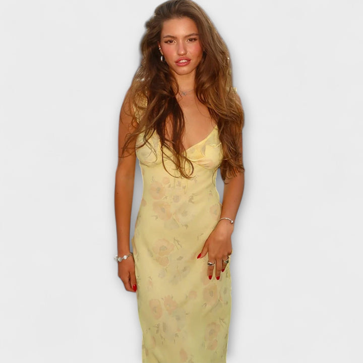 Robe maxi plongeante à imprimé floral cryptographique