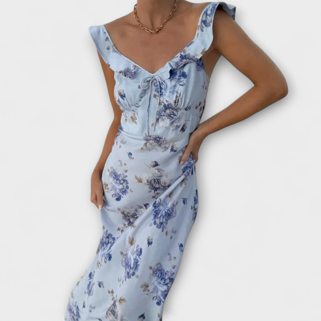 Robe maxi plongeante à imprimé floral cryptographique