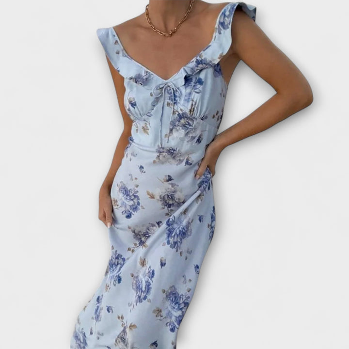 Robe maxi plongeante à imprimé floral cryptographique