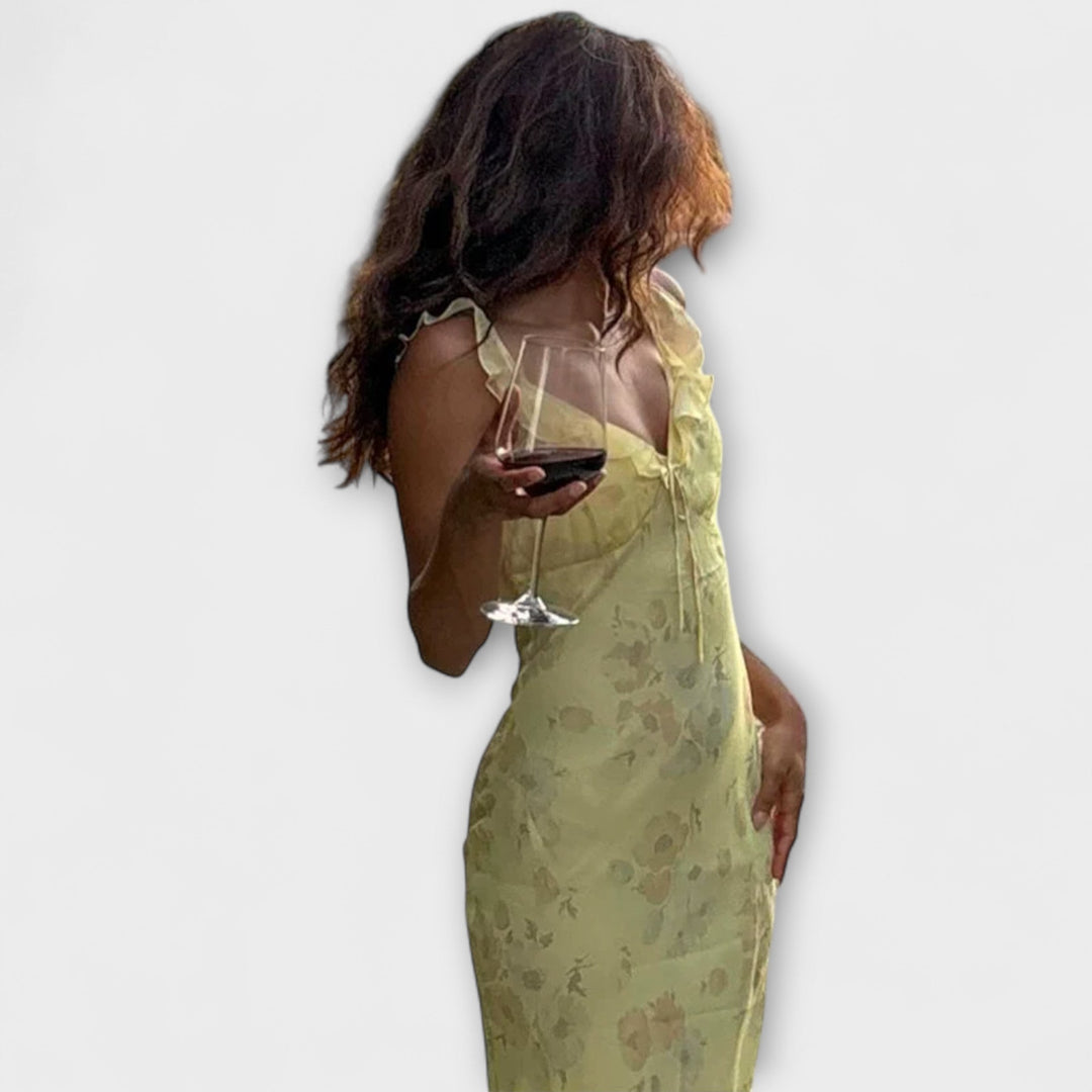 Robe maxi plongeante à imprimé floral cryptographique