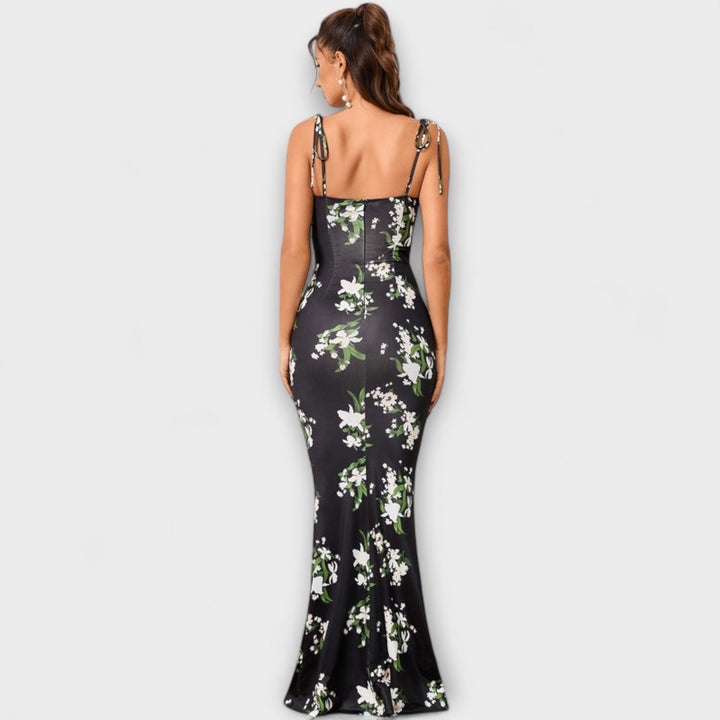 Thalia - Robe de bal à imprimé floral avec bretelles nouées aux épaules