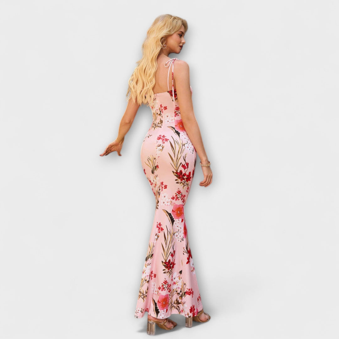 Thalia - Robe de bal à imprimé floral avec bretelles nouées aux épaules